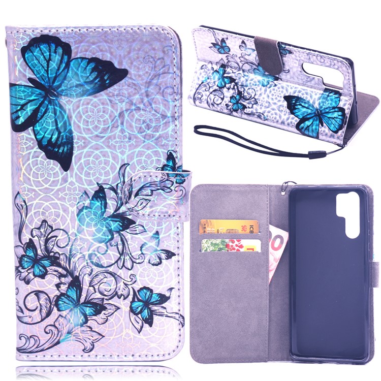 Laser Carving Pattern Printing Wallet Leather Stand Case with Strap for Huawei P30 Pro - Blue Butterfly-1