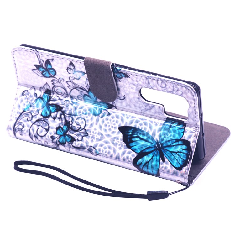 Laser Carving Pattern Printing Wallet Leather Stand Case with Strap for Huawei P30 Pro - Blue Butterfly-9