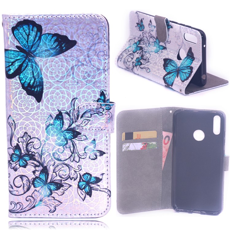 Laser Carving Pattern Printing Wallet Leather Stand Case with Strap for Huawei Y7 (2019)/Y7 Prime (2019) - Blue Butterfly-1