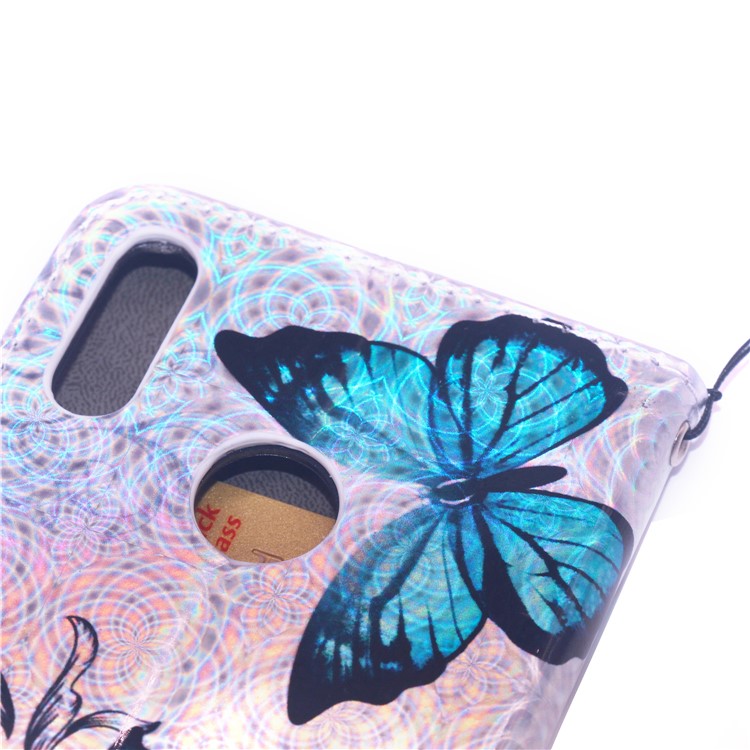 Laser Carving Pattern Printing Wallet Leather Stand Case with Strap for Huawei Y7 (2019)/Y7 Prime (2019) - Blue Butterfly-11