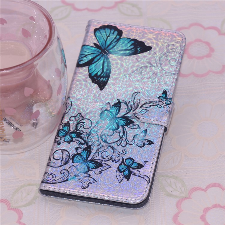 Laser Carving Pattern Printing Wallet Leather Stand Case with Strap for Huawei Y7 (2019)/Y7 Prime (2019) - Blue Butterfly-13