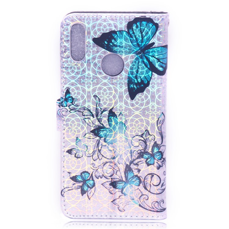 Laser Carving Pattern Printing Wallet Leather Stand Case with Strap for Huawei Y7 (2019)/Y7 Prime (2019) - Blue Butterfly-3