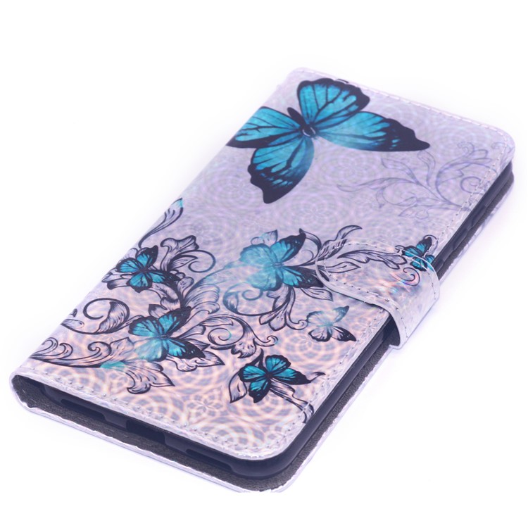 Laser Carving Pattern Printing Wallet Leather Stand Case with Strap for Huawei Y7 (2019)/Y7 Prime (2019) - Blue Butterfly-4