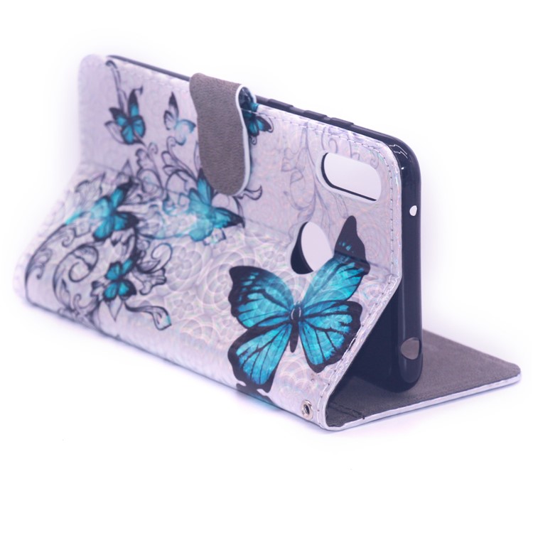 Laser Carving Pattern Printing Wallet Leather Stand Case with Strap for Huawei Y7 (2019)/Y7 Prime (2019) - Blue Butterfly-5