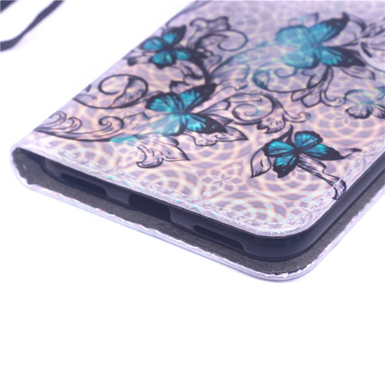 Laser Carving Pattern Printing Wallet Leather Stand Case with Strap for Huawei Y7 (2019)/Y7 Prime (2019) - Blue Butterfly-8