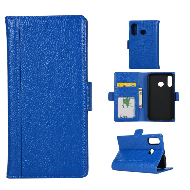 Litchi Texture Genuine Leather Wallet Stand Phone Cover for Huawei P30 Lite/Huawei nova 4e - Blue-1