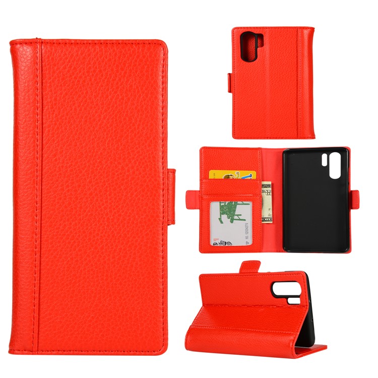 Litchi Texture Genuine Leather Wallet Stand Phone Cover for Huawei P30 Pro - Red-1