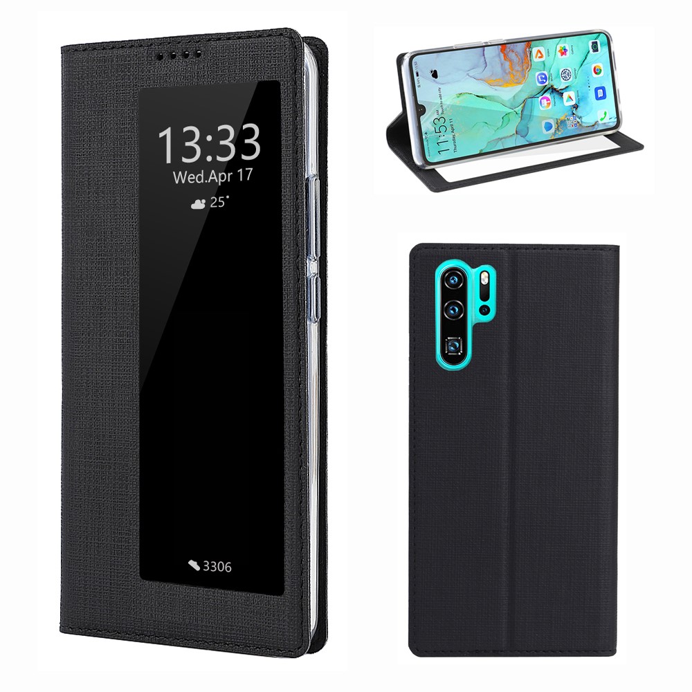 VILI DMX Cross Texture View Window Leather Flip Phone Cover with Card Slot for Huawei P30 Pro - Black-1