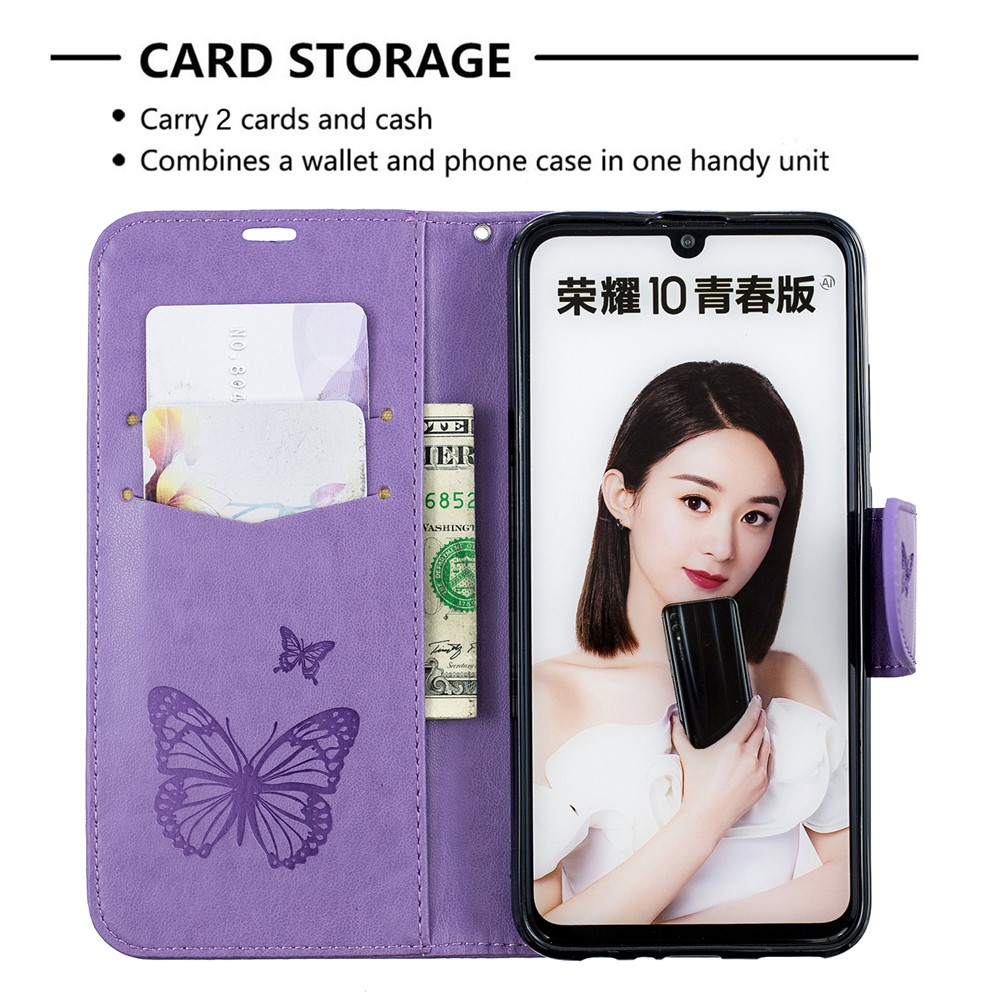 Para Huawei P Inteligente (2019) / Honra 10 Lite PU Couro Impressão Borboletas Caso De Telefone - Roxa-6