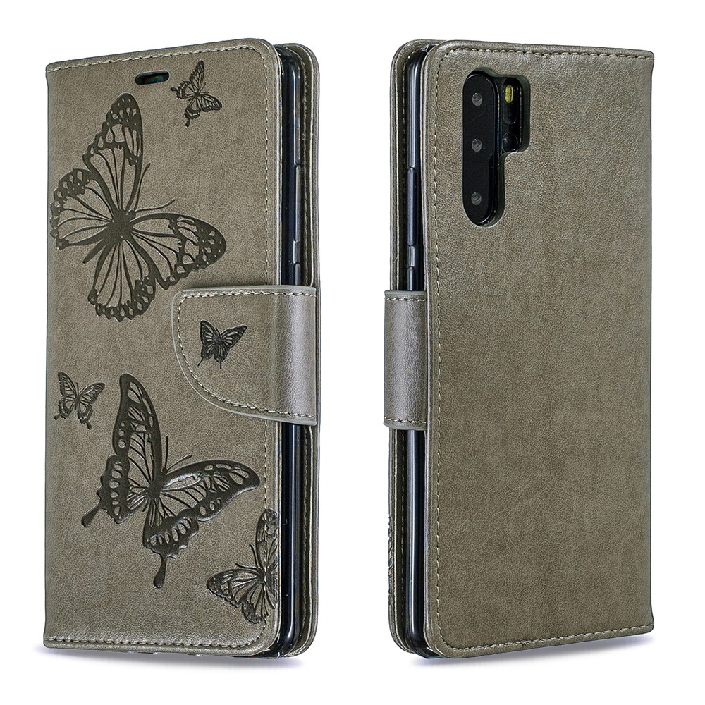 For Huawei P30 Pro PU Leather Imprint Butterflies Phone Case - Grey-4