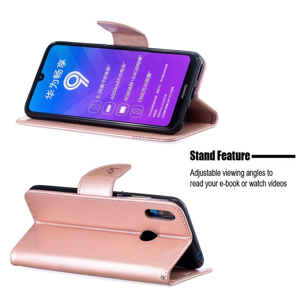 Caso De Carteira De Couro De Borboleta De Impressão Para Huawei Y7 (2019) / Y7 Primo (2019) - Rosa Ouro-2