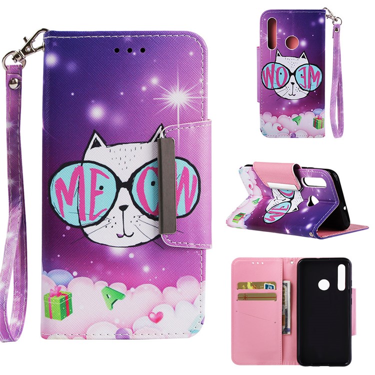 Pattern Printing Cross Texture Leather Wallet Case for Huawei P Smart Plus 2019 / Enjoy 9s / Honor 10i / nova 4 lite - Lovely Cat Wearing Glasses-1