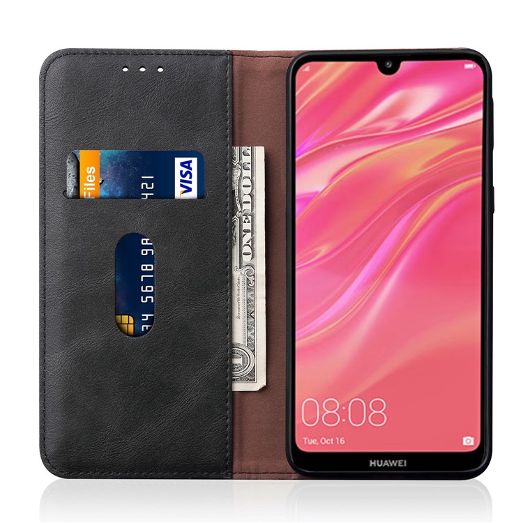 Estojo De Couro Do Vintage Do Cavalo Louco Auto-absorvido Para Huawei Y7 (2019) - Preto-4