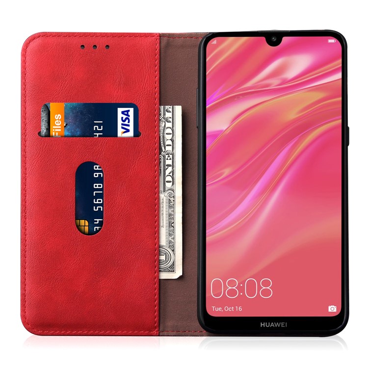 Estojo De Couro Do Vintage Do Cavalo Louco Auto-absorvido Para Huawei Y7 (2019) - Vermelho-4