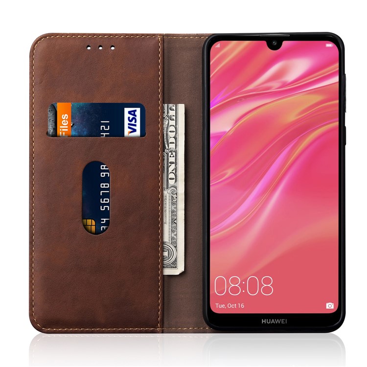 Estojo De Couro Do Vintage Do Cavalo Louco Auto-absorvido Para Huawei Y7 (2019) - Café-4