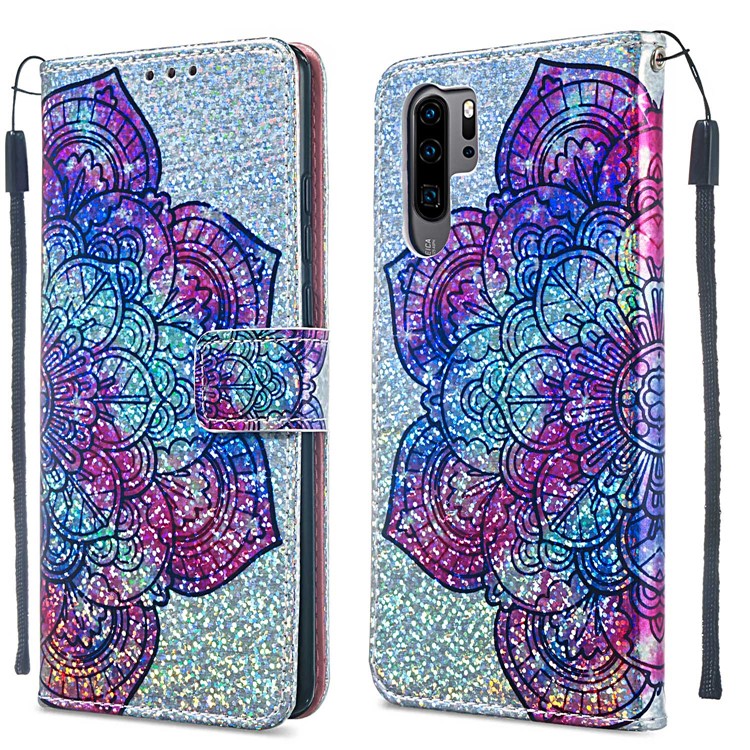 Pattern Printing Glitter Sequins Leather Wallet Case for Huawei P30 Pro - Mandala Flower-2