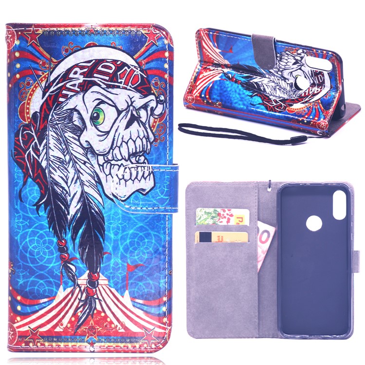 Laser Carving Pattern Printing Wallet Leather Case with Strap for Huawei Y6 (2019) - Tribal Feather Skull-1