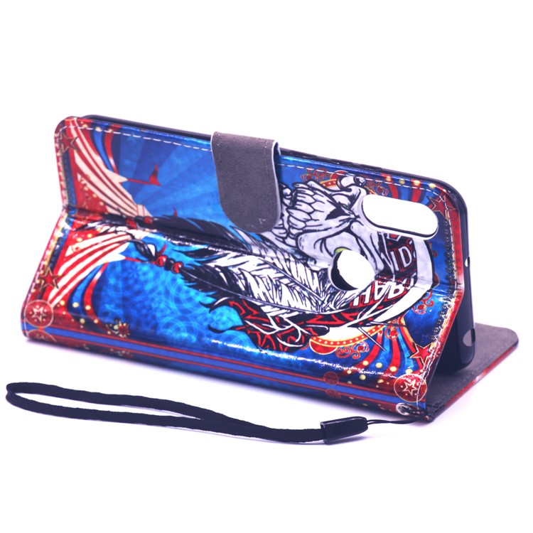 Laser Carving Pattern Printing Wallet Leather Case with Strap for Huawei Y6 (2019) - Tribal Feather Skull-8