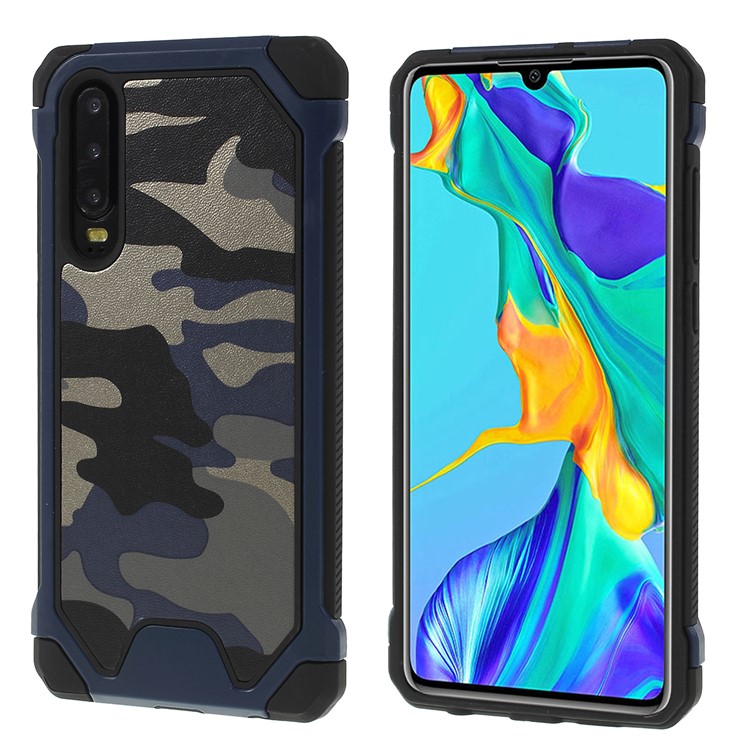 Camouflage Leather Coated PC TPU Combo Case for Huawei P30 - Dark Blue-1