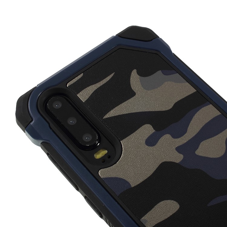 Camouflage Leather Coated PC TPU Combo Case for Huawei P30 - Dark Blue-4