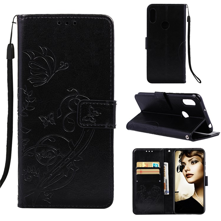 Imprinted Floral Butterfly Leather Wallet Mobile Case for Huawei Honor 8A / Y6 (2019) - Black-1