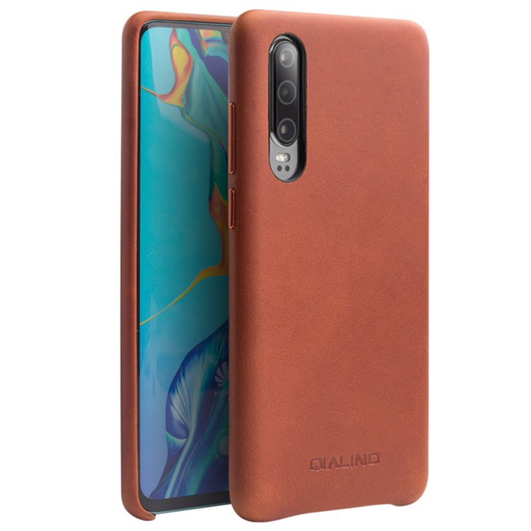 Étui Rigide En PC Enduit De Cuir Véritable QIALINO Pour Huawei P30 - Marron-1