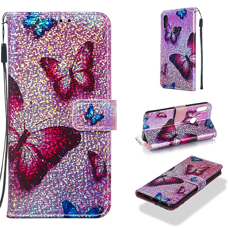 Pattern Printing Glitter Sequins Leather Wallet Case for Huawei Honor 8A / Y6 (2019) - Butterfly-1