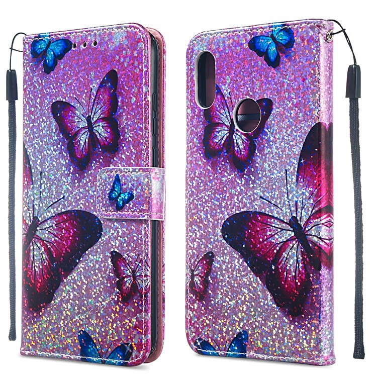 Pattern Printing Glitter Sequins Leather Wallet Case for Huawei Honor 8A / Y6 (2019) - Butterfly-2