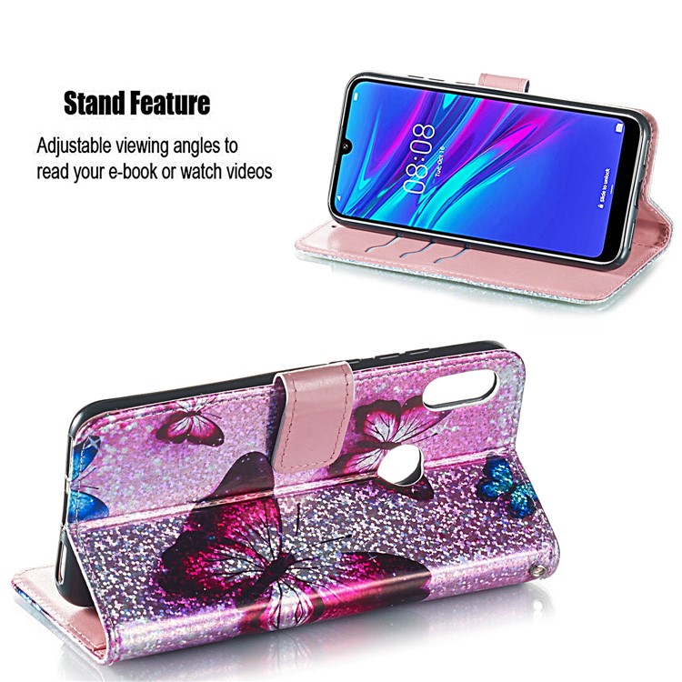 Pattern Printing Glitter Sequins Leather Wallet Case for Huawei Honor 8A / Y6 (2019) - Butterfly-3