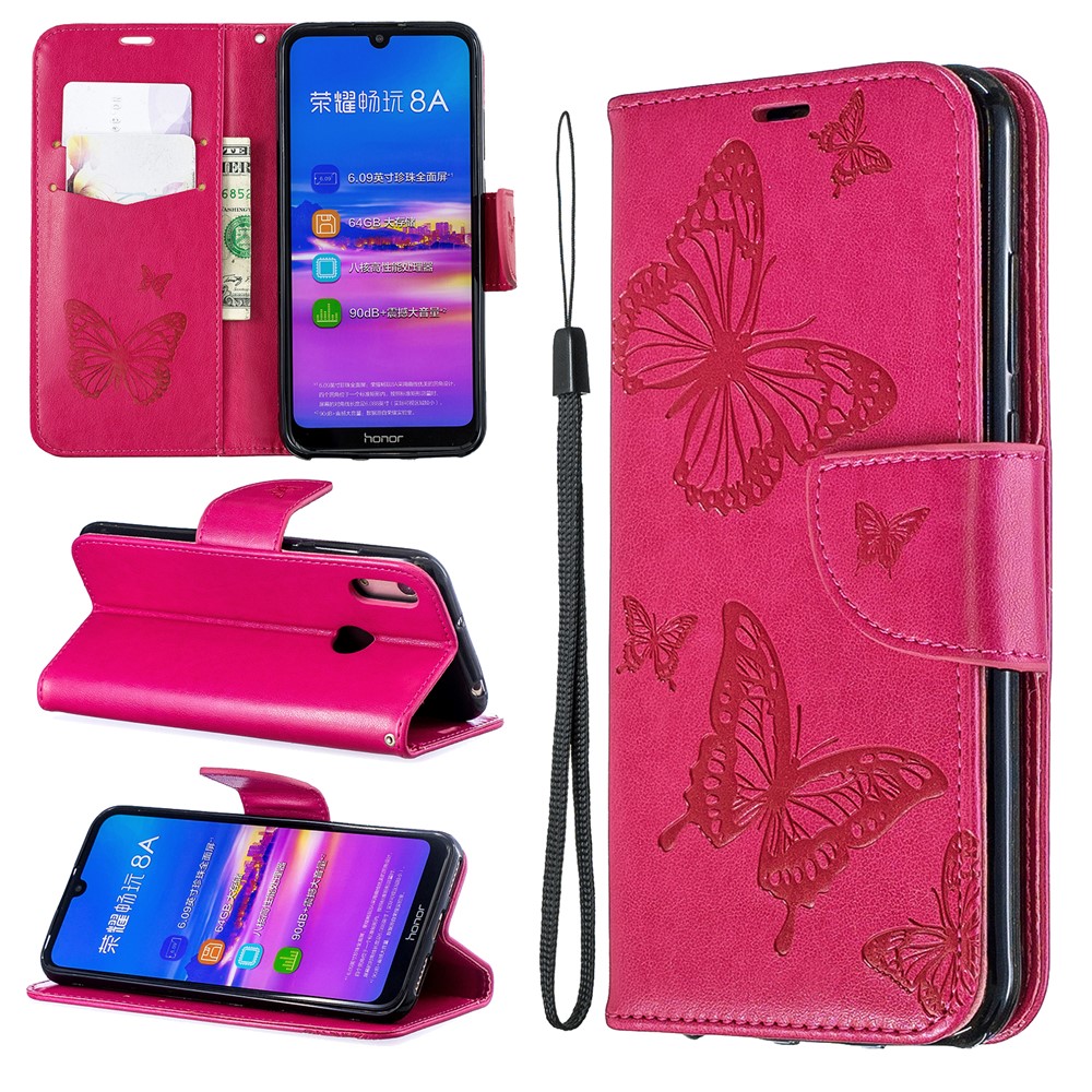 Estuche Con Solapa De Cuero De PU De Impresión Mariposa Con Correa Para Huawei Y6 (2019) / Honor 8A - Rosa-1