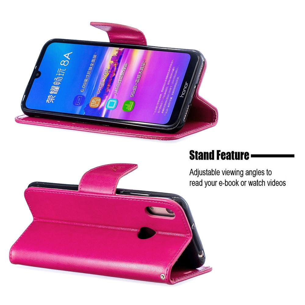 Estuche Con Solapa De Cuero De PU De Impresión Mariposa Con Correa Para Huawei Y6 (2019) / Honor 8A - Rosa-5