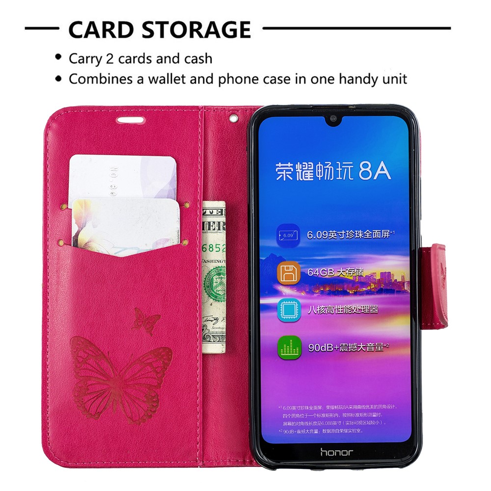 Estuche Con Solapa De Cuero De PU De Impresión Mariposa Con Correa Para Huawei Y6 (2019) / Honor 8A - Rosa-6