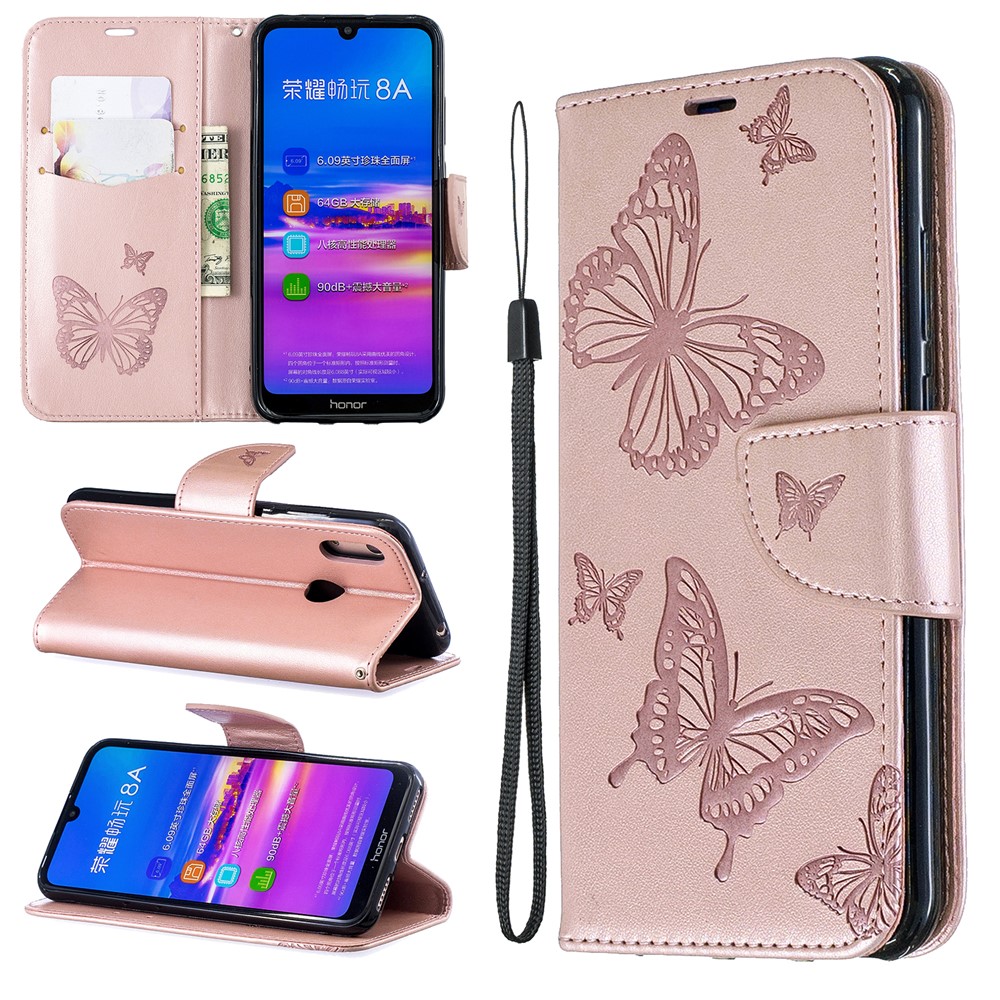 Imprint Butterfly PU Leather Wallet Flip Case with Strap for Huawei Y6 (2019, with Fingerprint Sensor) / Y6 Prime (2019) / Honor 8A - Rose Gold-1