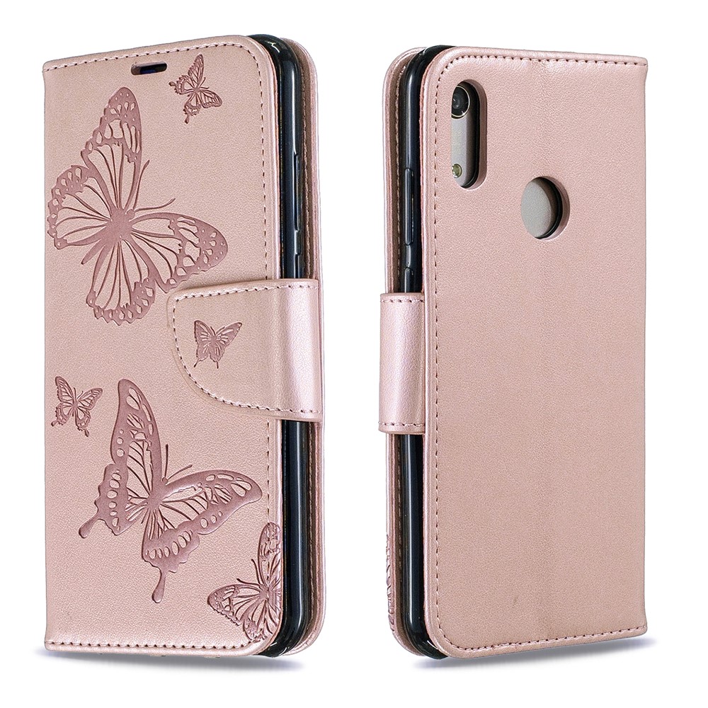Imprint Butterfly PU Leather Wallet Flip Case with Strap for Huawei Y6 (2019, with Fingerprint Sensor) / Y6 Prime (2019) / Honor 8A - Rose Gold-4