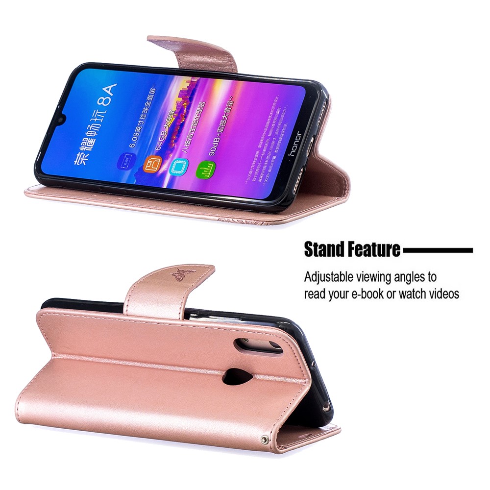 Imprint Butterfly PU Leather Wallet Flip Case with Strap for Huawei Y6 (2019, with Fingerprint Sensor) / Y6 Prime (2019) / Honor 8A - Rose Gold-5
