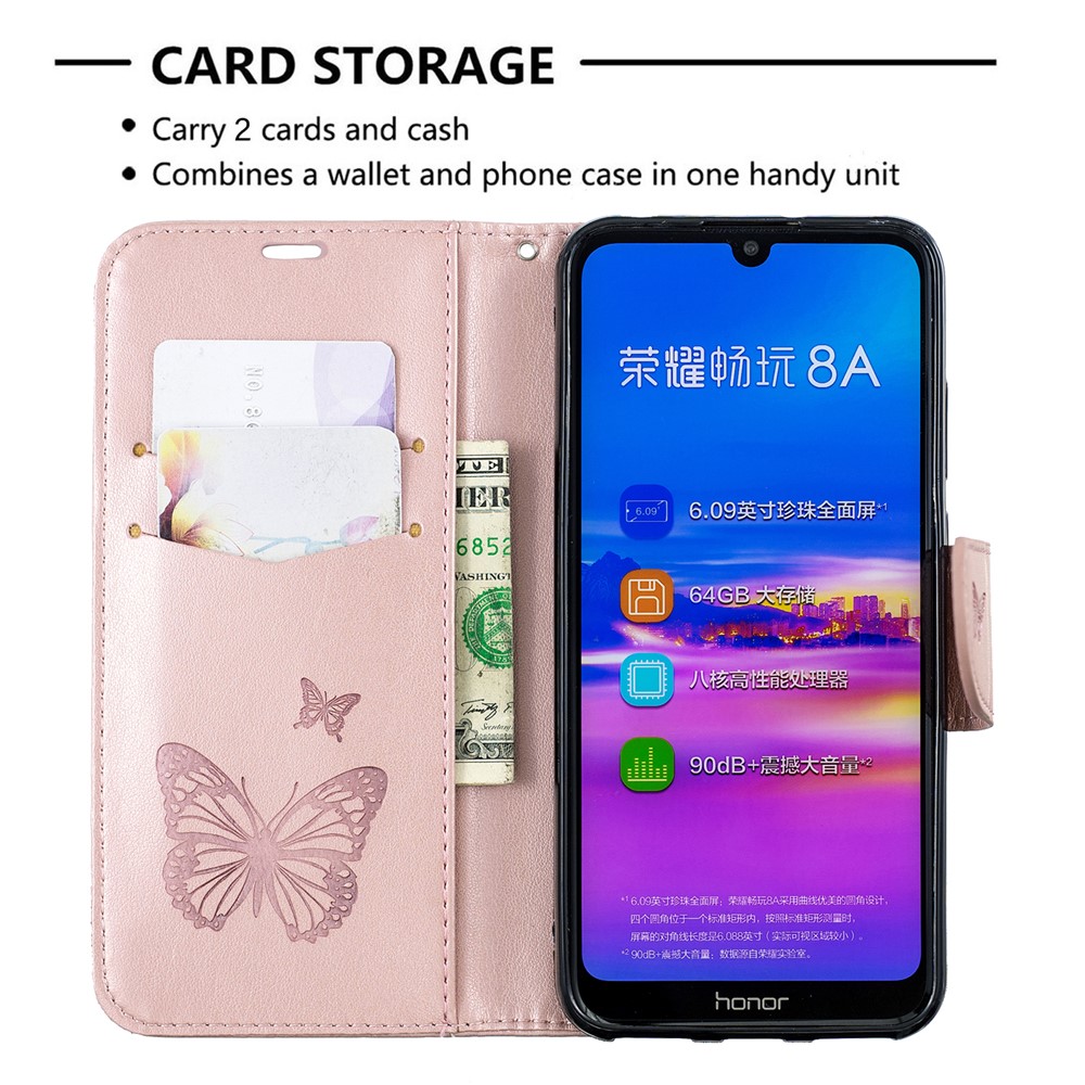 Imprint Butterfly PU Leather Wallet Flip Case with Strap for Huawei Y6 (2019, with Fingerprint Sensor) / Y6 Prime (2019) / Honor 8A - Rose Gold-6