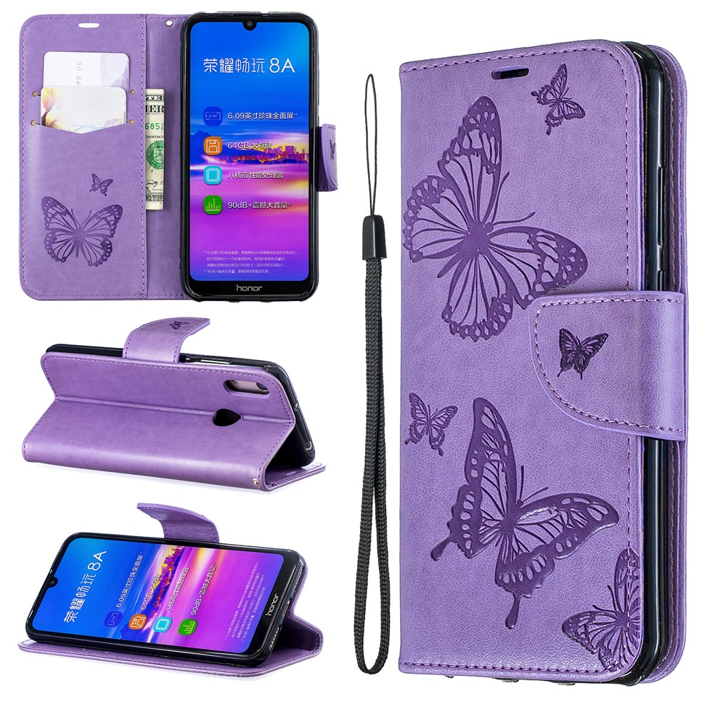 Estuche Con Solapa De Cuero De PU De Impresión Mariposa Con Correa Para Huawei Y6 (2019) / Honor 8A - Púrpura-1