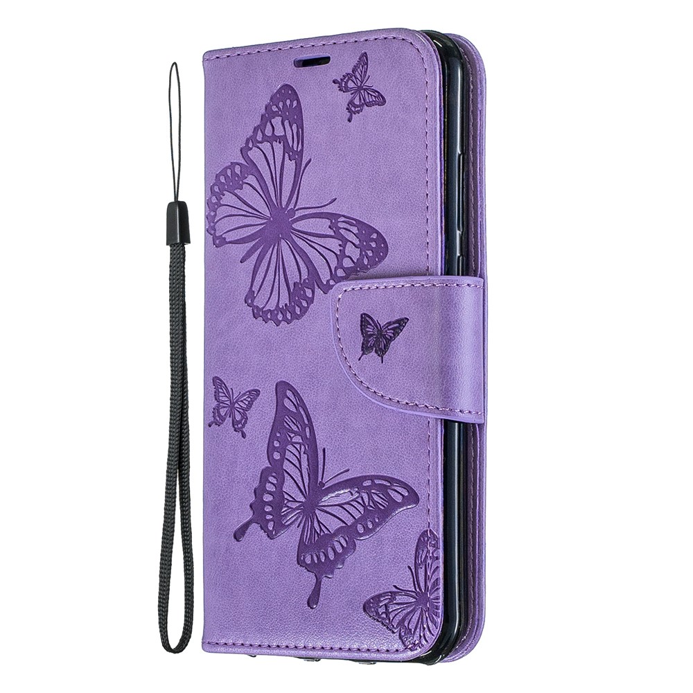 Imprint Butterfly PU Leather Wallet Flip Case with Strap for Huawei Y6 (2019, with Fingerprint Sensor) / Y6 Prime (2019) / Honor 8A - Purple-2