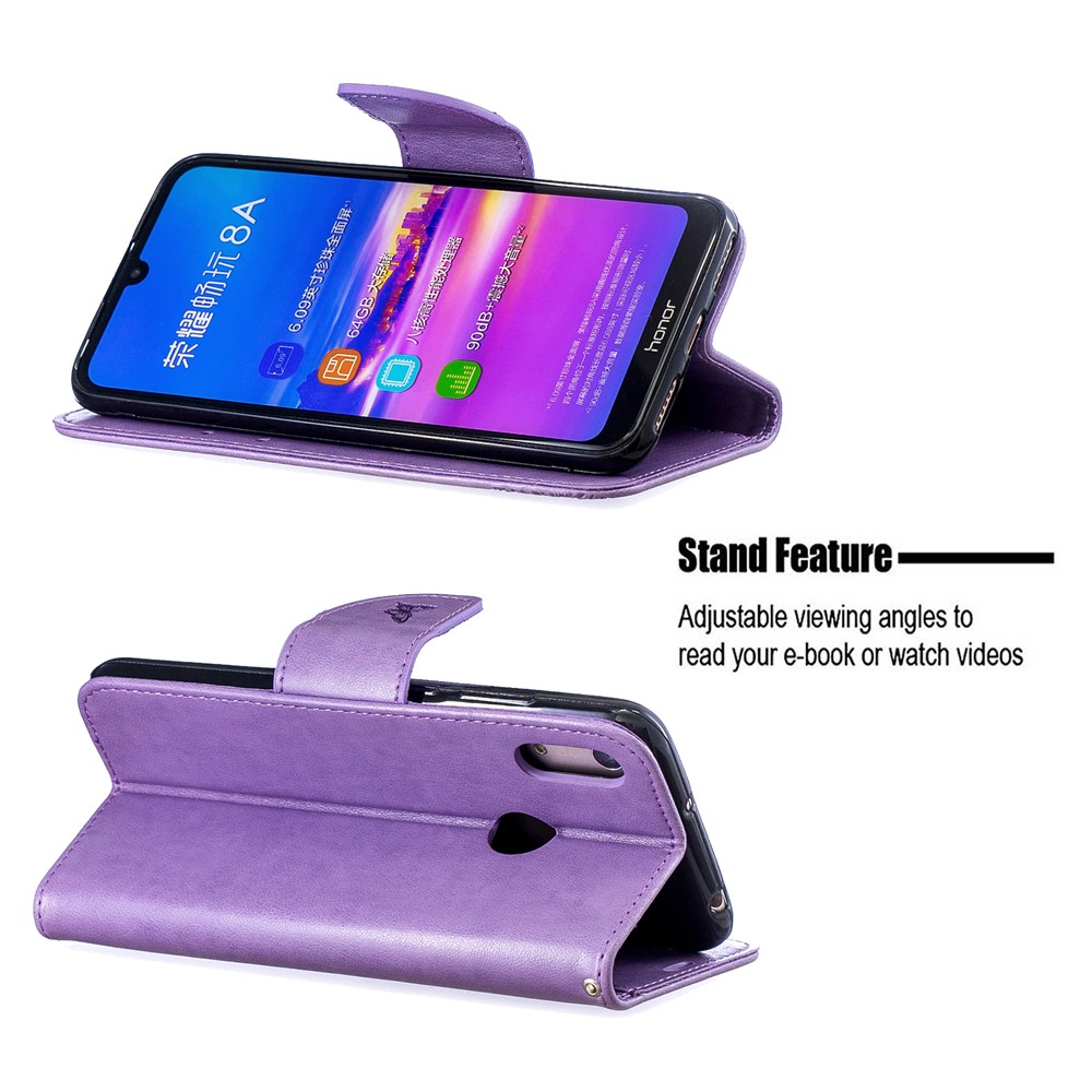 Imprint Butterfly PU Leather Wallet Flip Case with Strap for Huawei Y6 (2019, with Fingerprint Sensor) / Y6 Prime (2019) / Honor 8A - Purple-5