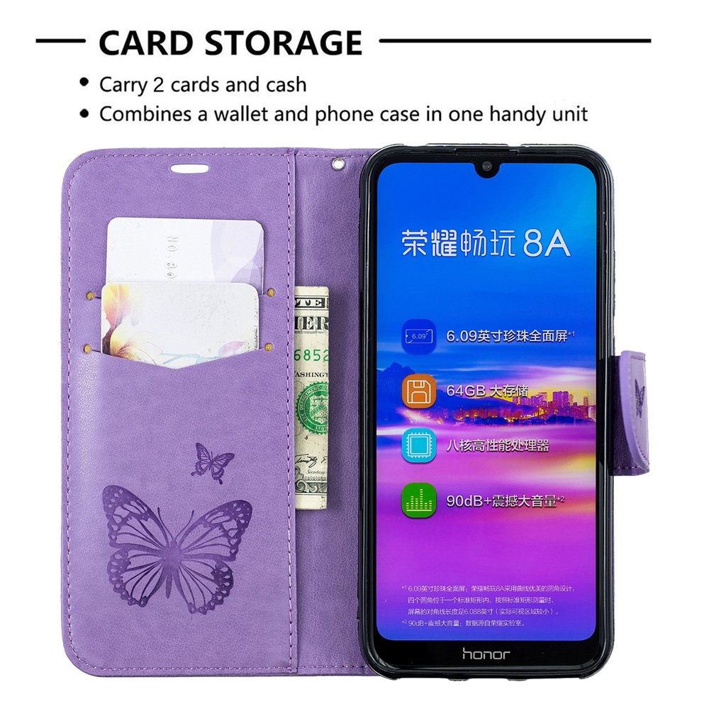 Imprint Butterfly PU Leather Wallet Flip Case with Strap for Huawei Y6 (2019, with Fingerprint Sensor) / Y6 Prime (2019) / Honor 8A - Purple-6