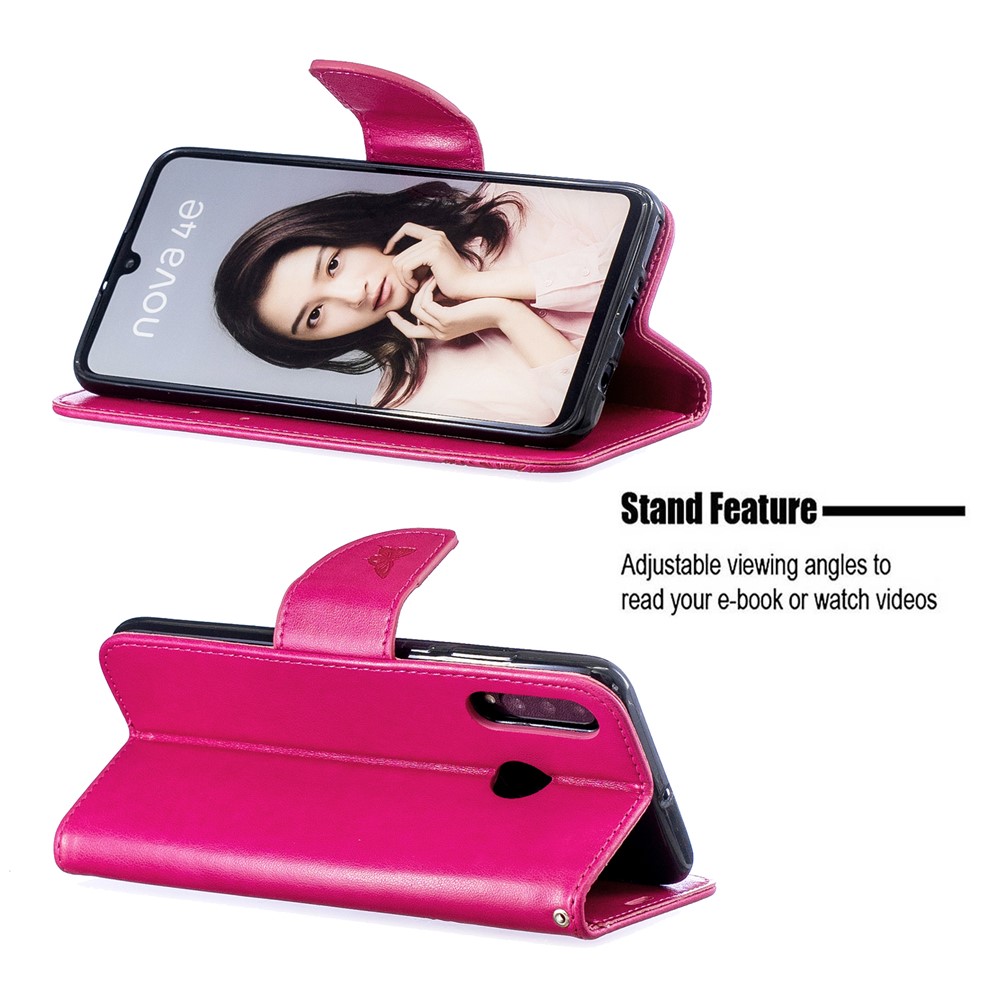 Impronta Butterfly PU Whatet Flip Custodia Con Cinturino Per Huawei P30 Lite / Nova 4e / P30 Lite New Edition - Rosa-5