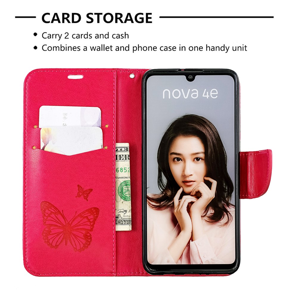 Imprint Butterfly PU Leather Wallet Flip Case with Strap for Huawei P30 Lite / nova 4e / P30 Lite New Edition - Rose-6