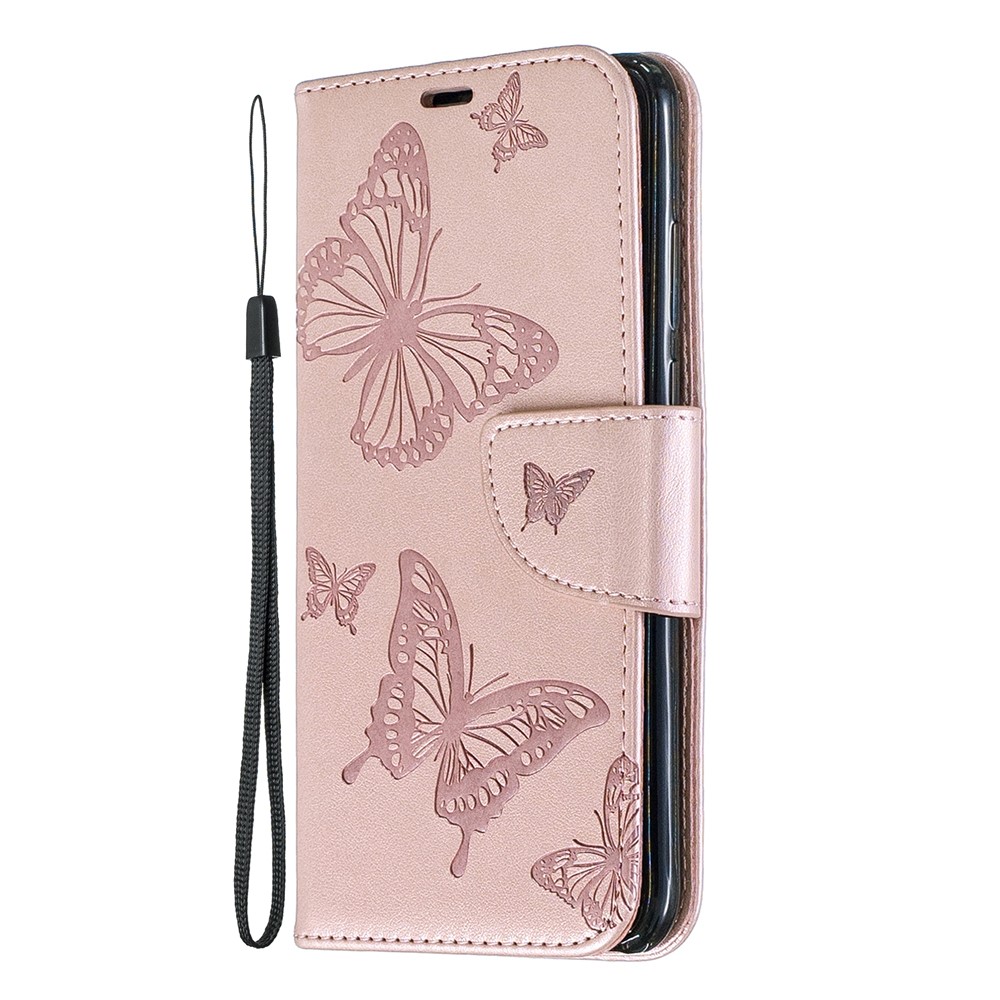 Imprint Butterfly PU Leather Wallet Flip Case with Strap for Huawei P30 Lite / nova 4e / P30 Lite New Edition - Rose Gold-2
