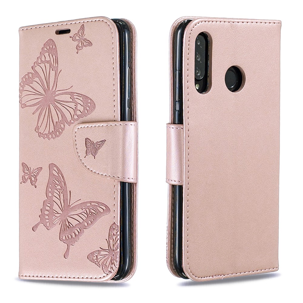 Imprint Butterfly PU Leather Wallet Flip Case with Strap for Huawei P30 Lite / nova 4e / P30 Lite New Edition - Rose Gold-4
