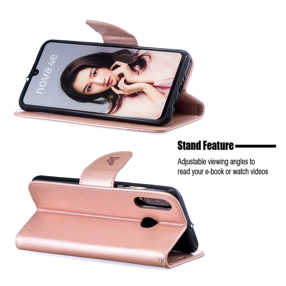 Imprint Butterfly PU Leather Wallet Flip Case with Strap for Huawei P30 Lite / nova 4e / P30 Lite New Edition - Rose Gold-5