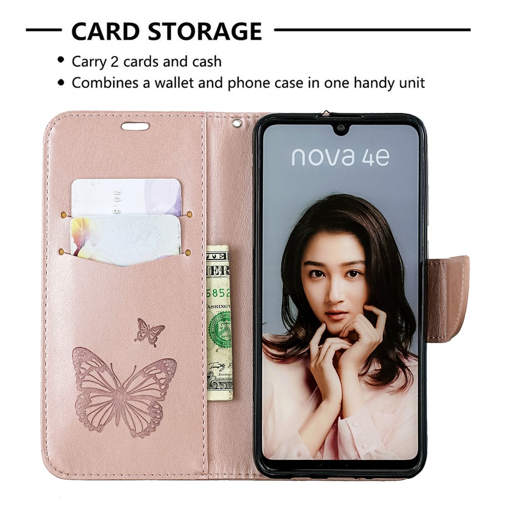 Imprint Butterfly PU Leather Wallet Flip Case with Strap for Huawei P30 Lite / nova 4e / P30 Lite New Edition - Rose Gold-6