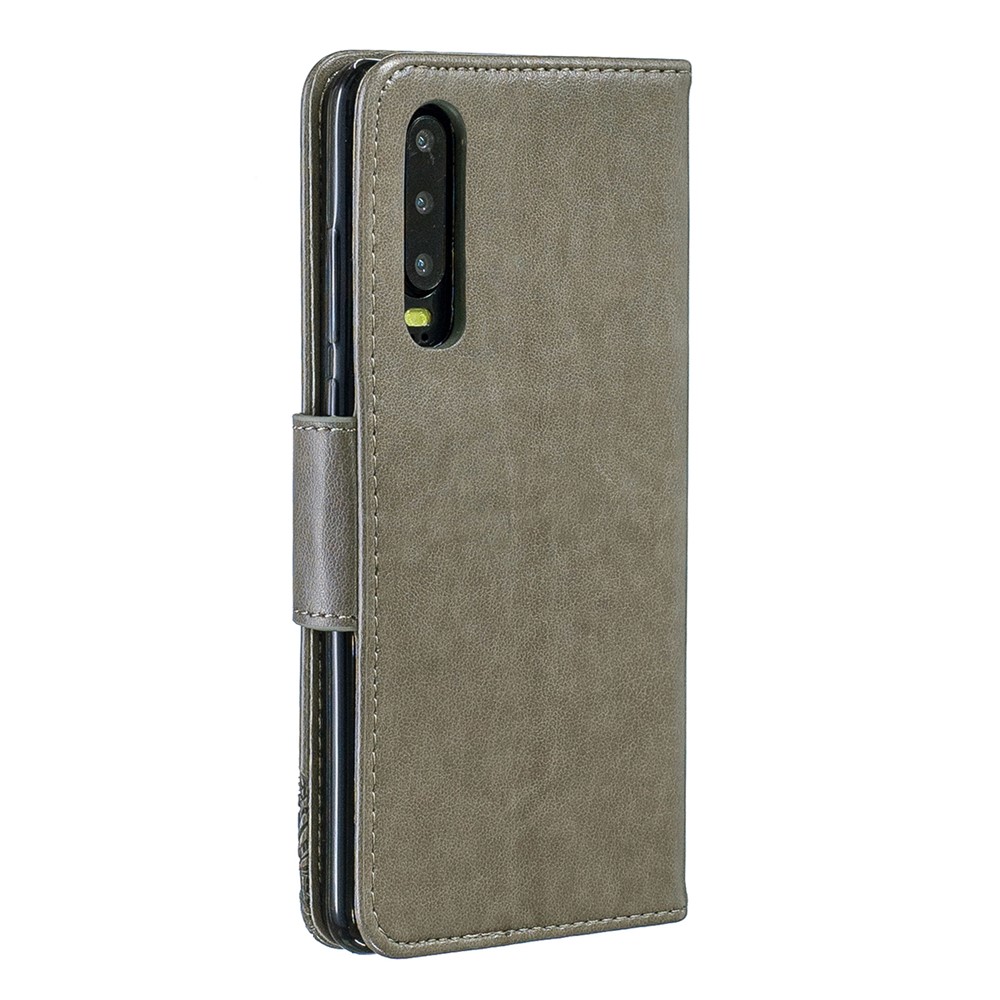 Imprint Butterfly PU Leather Wallet Flip Case with Strap for Huawei P30 - Grey-3