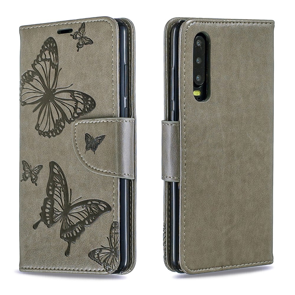 Imprint Butterfly PU Leather Wallet Flip Case with Strap for Huawei P30 - Grey-4