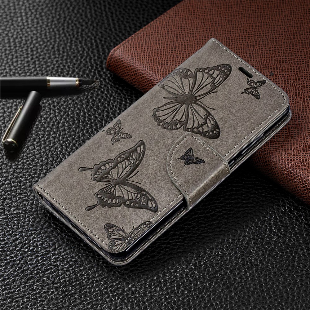 Imprint Butterfly PU Leather Wallet Flip Case with Strap for Huawei P30 - Grey-7