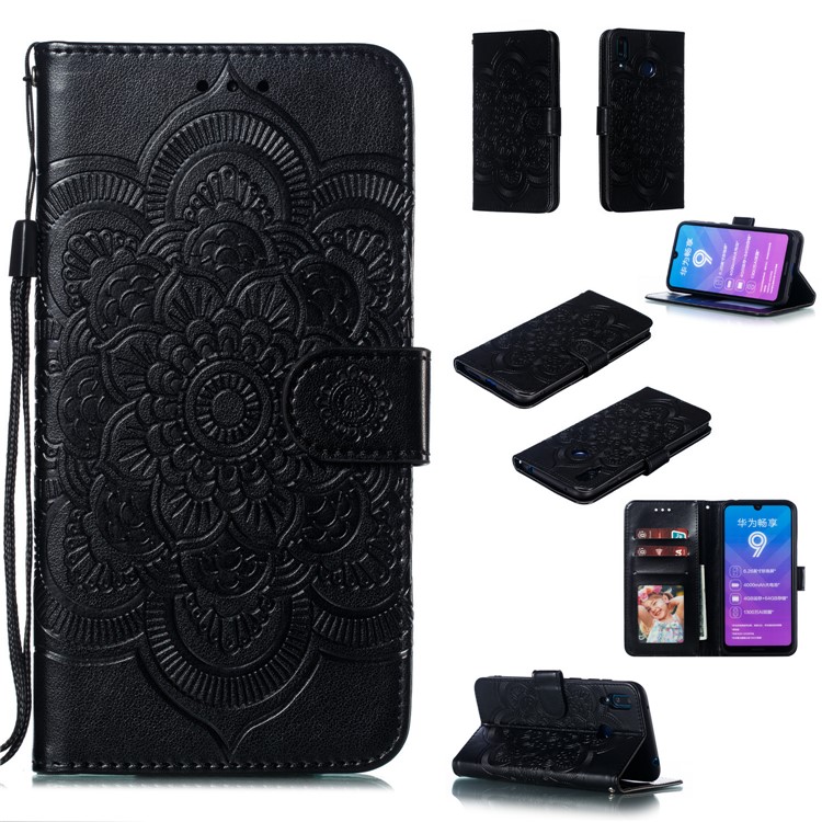 For Huawei Y7 (2019) Imprint Mandala Flower Leather Wallet Case Phone Cover - Black-1